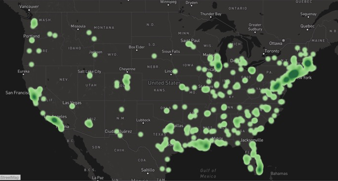 heat map of the United States depicting concentrations of Tulane graduates