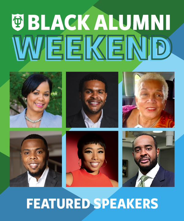 photo of Black Alumni Weekend 2024 Featured Speakers (from top left to bottom right) Shannon Brice (MBA ’04), Kenny Welcome (BSM ’15), Stephanie Navarre (EMBA ’86), Derrick Strozier (BSM ’14), Charisse Gibson (Panel Moderator) and Brian Egwele (BSM ’01)