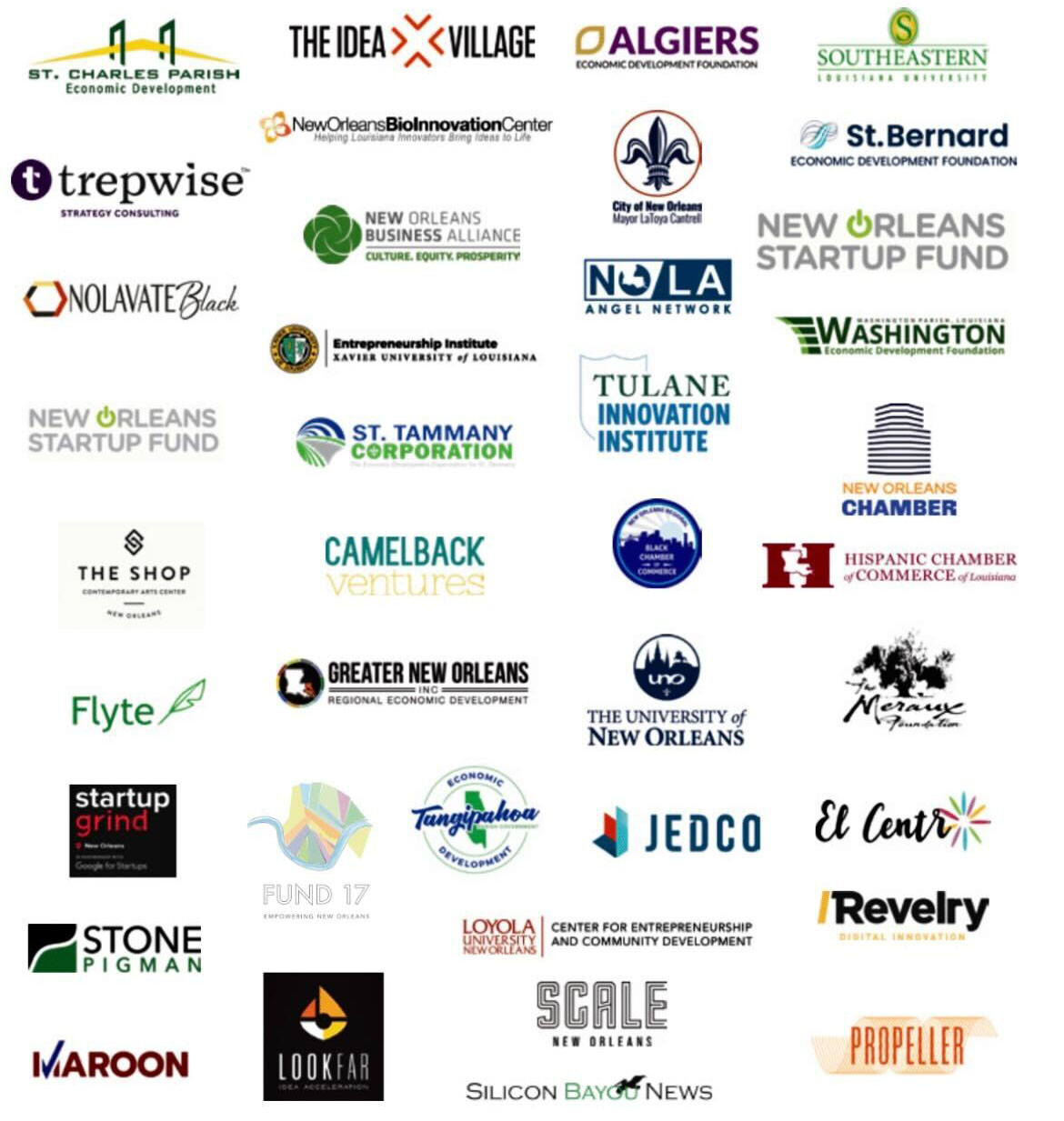Logos of the 2023 GNO Startup Report Report Community Partners