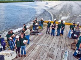 Group photo of students on an offshore oil rig