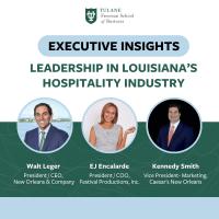 Executive Insights: Leadership in Louisiana Hospitality Industry panelists Walt Leger, EJ Encalarde, and Kennedy Smith.