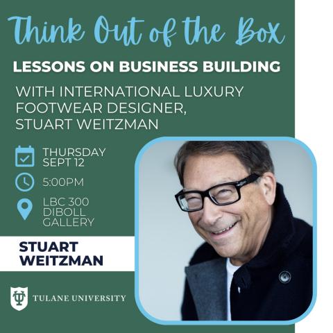 event information with a photo of Stuart Weitzman