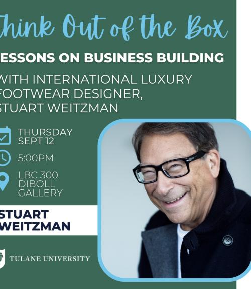 event information with a photo of Stuart Weitzman