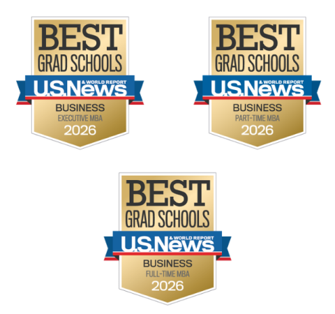 U.S. News & World Reports Best Grad Schools 2026 emblems for Executive, Part-Time, and Full-Time MBA.