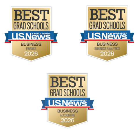 U.S. News & World Reports Best Grad Schools 2026 badges for Finance, Business Analytics, and Accounting.