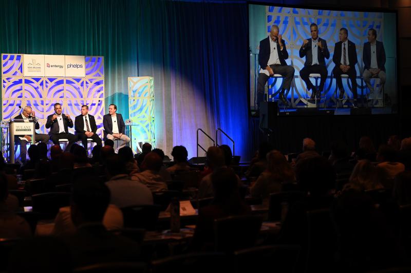 Tulane Business Forum panel speakers for Artificial Intelligence at Work: Paulo Goes (moderator), Cliff Farrah, Steve Idoux, and Todd Marshall.