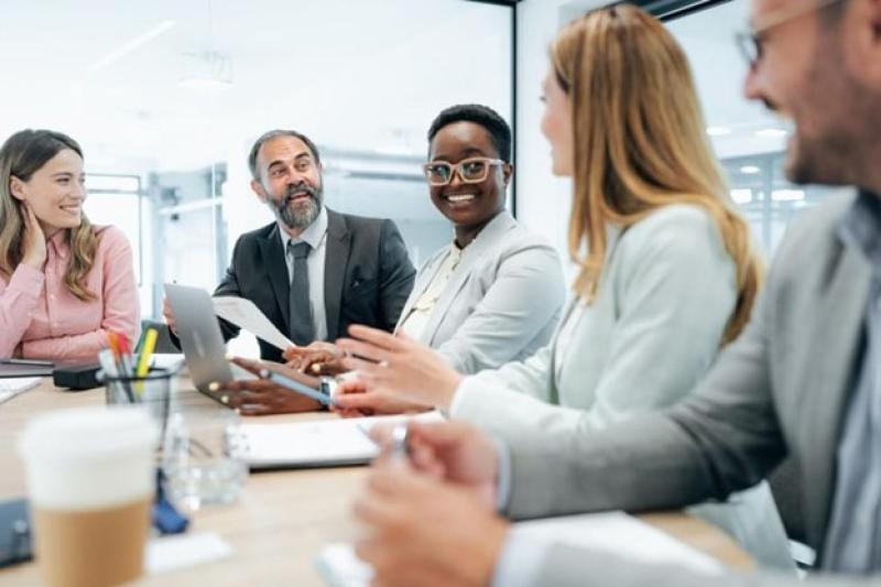 Smiling business professionals in a bright modern office meeting.