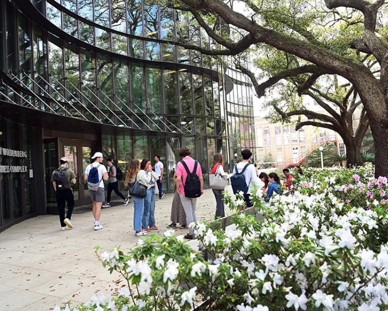 exterior photograph of the GWBC front entrance with students walking around