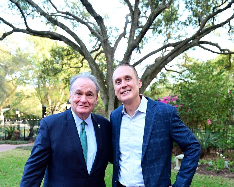 Tulane University President Michael Fitts with the 2026 Distinguished Entrepreneur of the Year Brett A. Hurt.